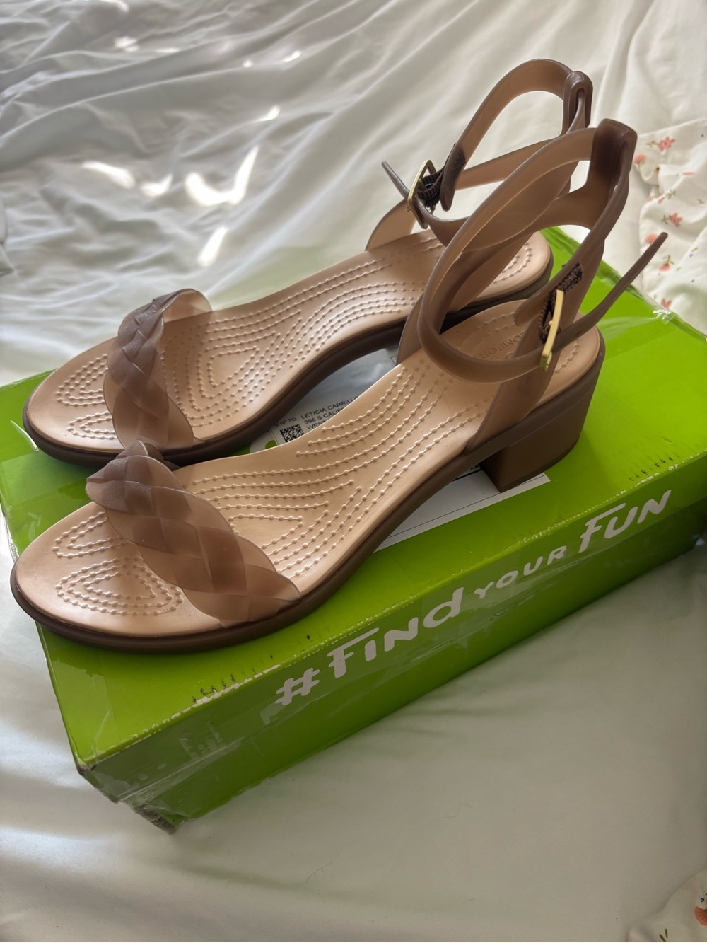 CROCS Braided-Strap Block Heel Sandals in Taupe